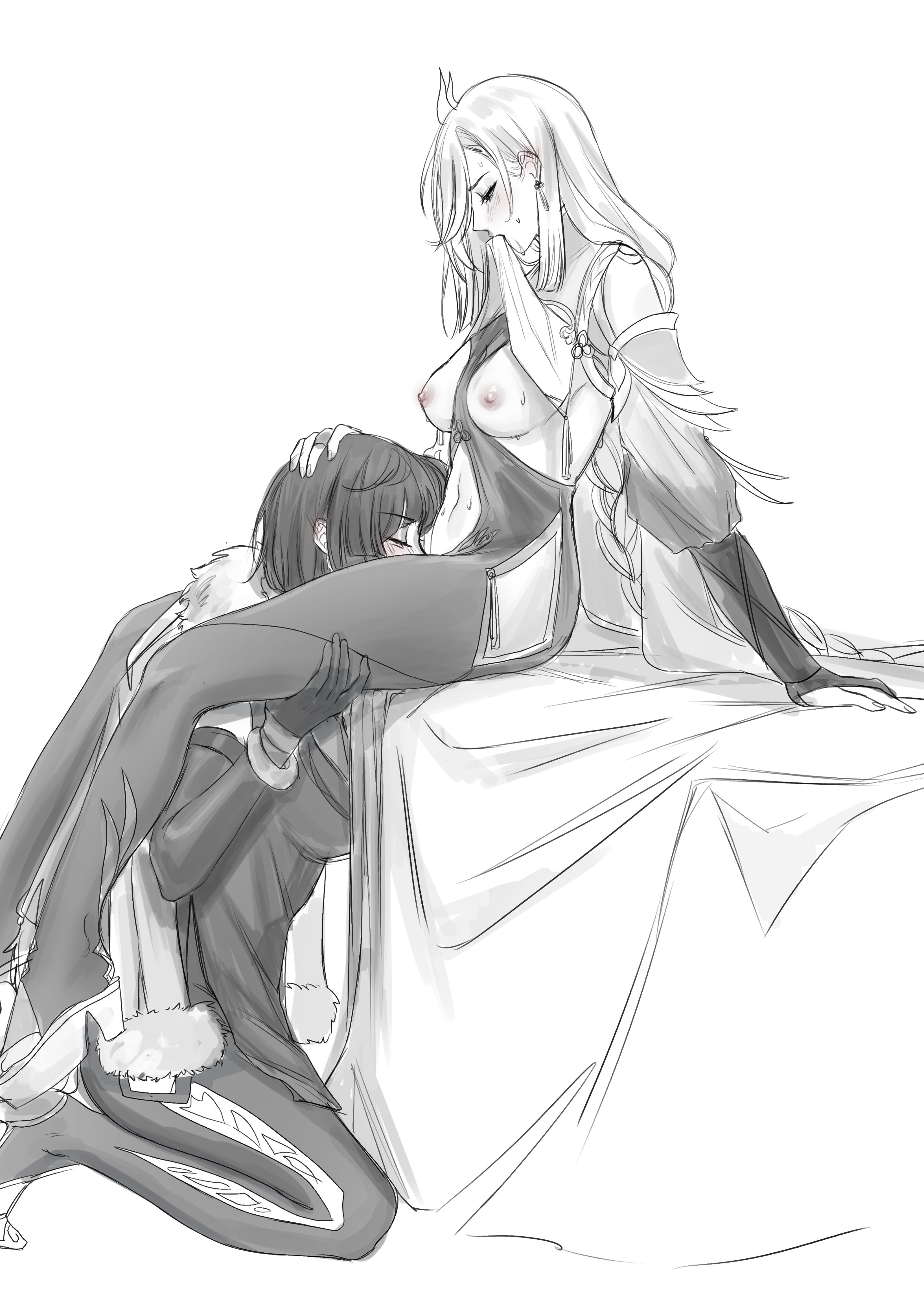 2girls, 69gh0sty, cunnilingus, female, female only, genshin impact, hand on head, multiple females, multiple girls, shenhe (genshin impact), yelan (genshin impact), yuri