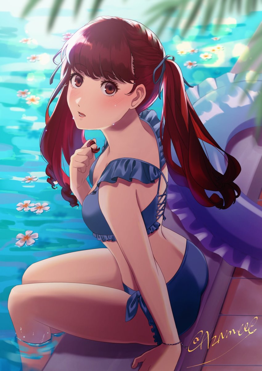 1girls, aznmeee, bikini, blue bikini, blue swimsuit, bracelet, breasts, feet in water, female, innertube, kasumi yoshizawa, looking at viewer, medium breasts, persona, persona 5, persona 5 royal, playing with hair, pool, poolside, red eyes, red hair, ribbon in hair, sumire yoshizawa, swimsuit, twintails, water
