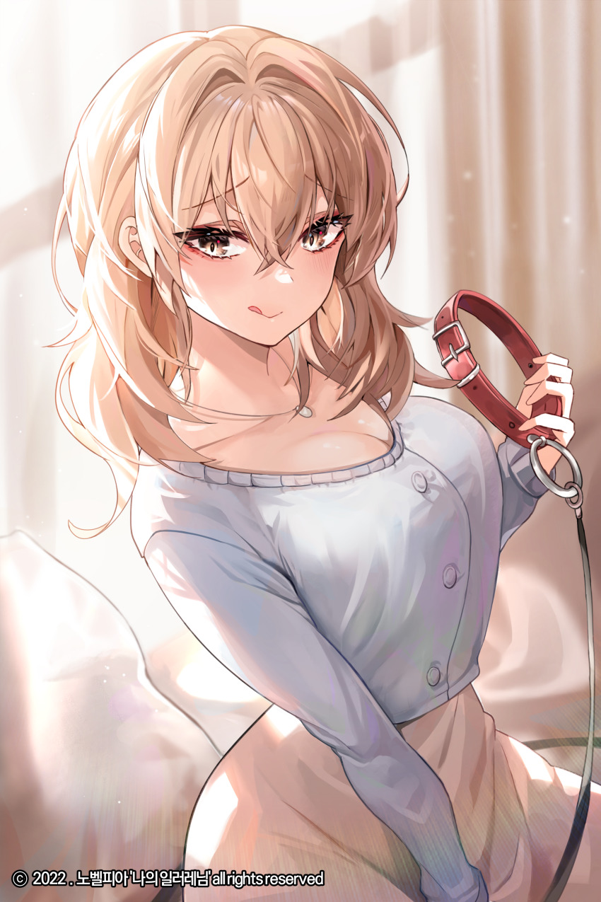 1girls, blonde hair, breasts, button down shirt, collar, crop top, female, holding collar, large breasts, leash, looking at viewer, medium hair, necklace, original, pencil skirt, tongue, tongue out, yellow eyes