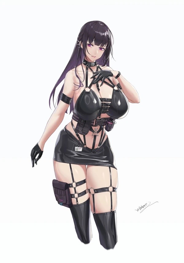 big_ass black_legwear chain_leash chains goddess_of_victory:_nikke large_breasts masochism masochist mihara_(nikke) skirt thick_thighs