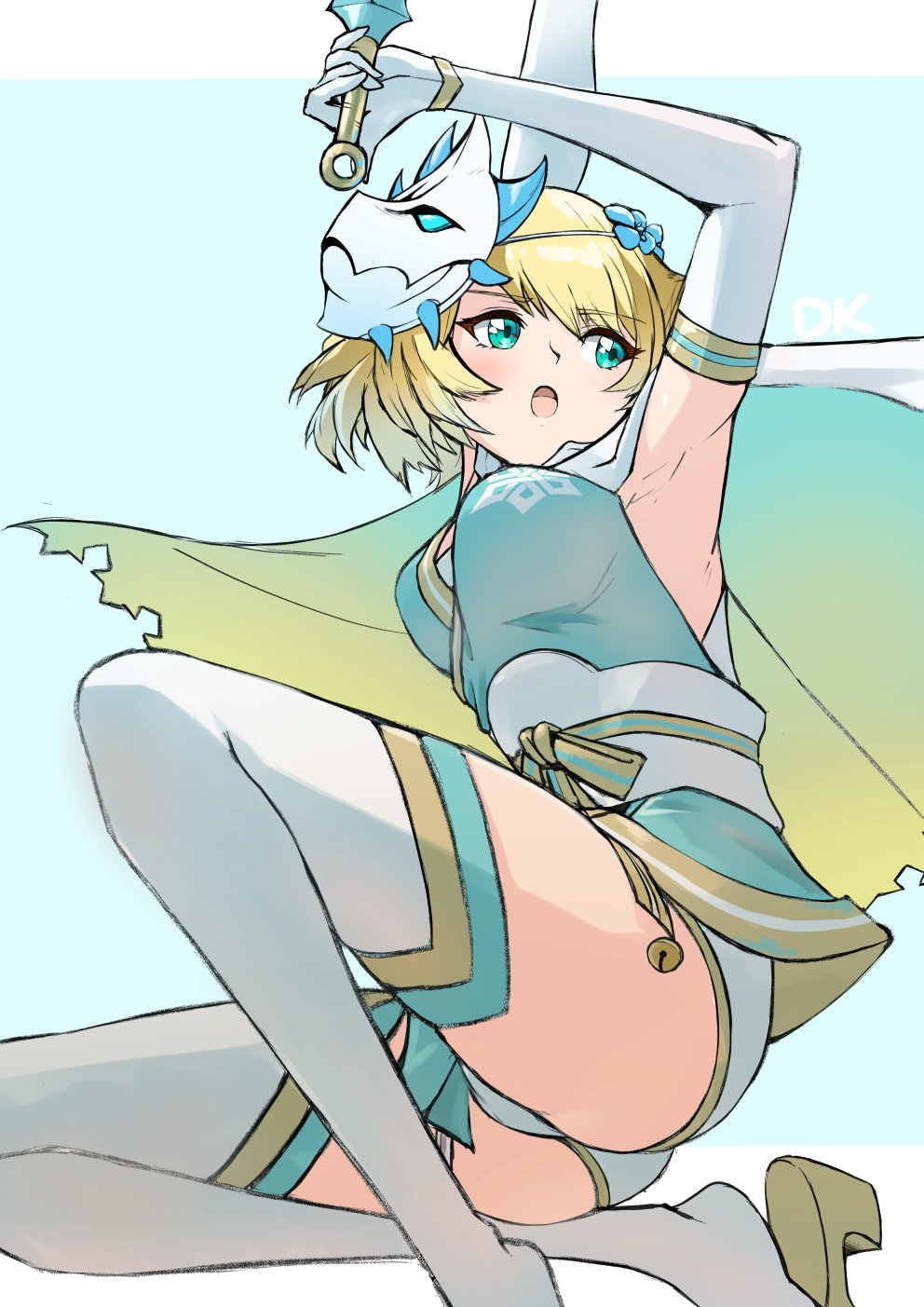 1girls alternate_costume armpits arms_up bangs bell blonde_hair blue_eyes breasts cape deekei elbow_gloves female female_only fire_emblem fire_emblem_heroes fjorm_(fire_emblem) fjorm_(ninja)_(fire_emblem) from_below gloves gold_trim highres kunai mask mask_on_head medium_breasts ninja nintendo official_alternate_costume oni_mask open_mouth panties short_hair solo thighhighs thighs underwear watermark weapon white_gloves