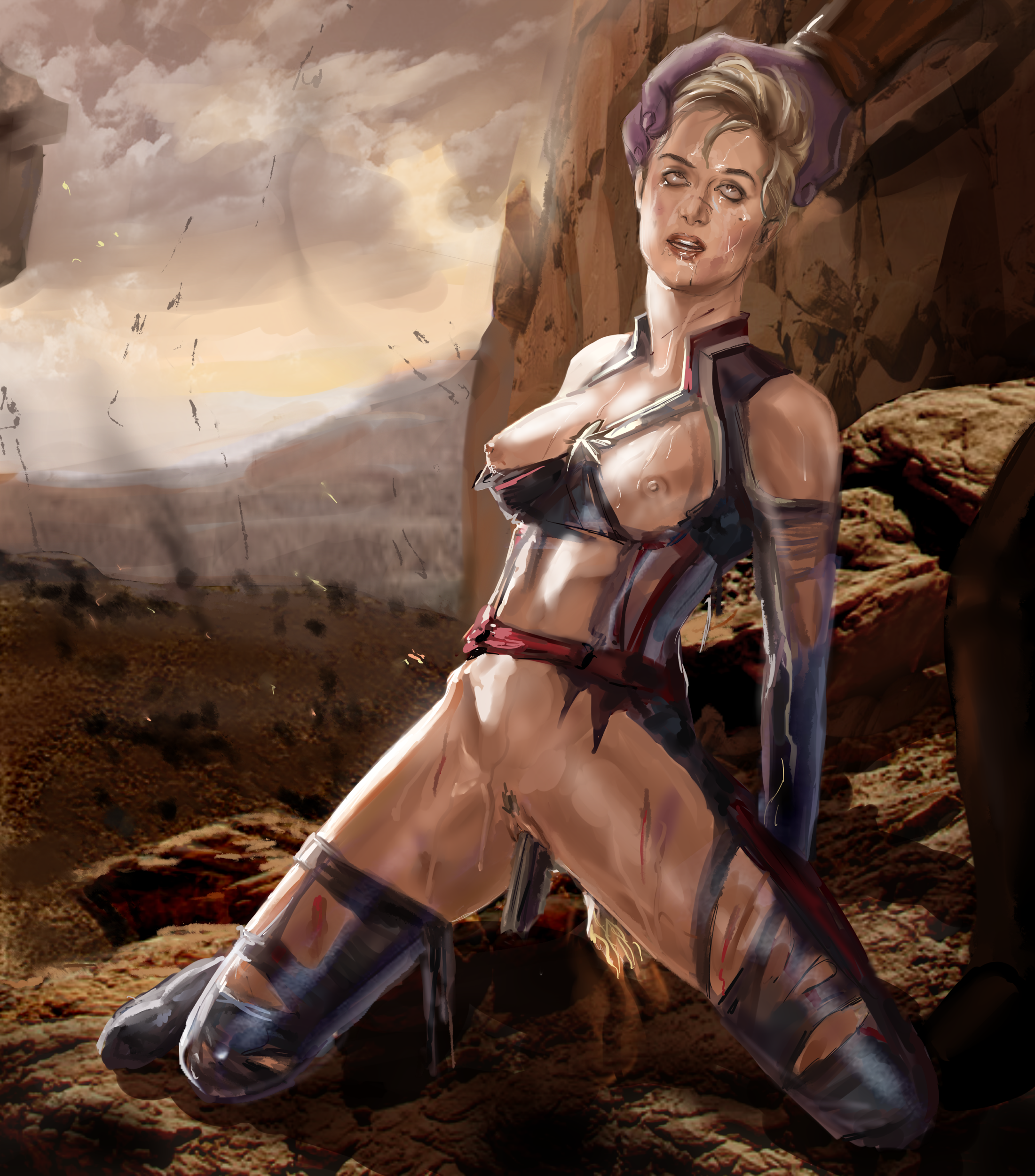 1boy, 1girls, after rape, artist request, avengers, avengers: endgame, bad end, brie larson, broken rape victim, captain marvel, carol danvers, defeated, defeated heroine, doomed beauty, dying superheroine, female, fucked senseless, fucked silly, half naked, half-dressed, looking up, male, marvel, marvel cinematic universe, marvel comics, nipples, offscreen male, pussy, rape, raped superheroine, thanos, tits, torn bodysuit, vaginal penetration