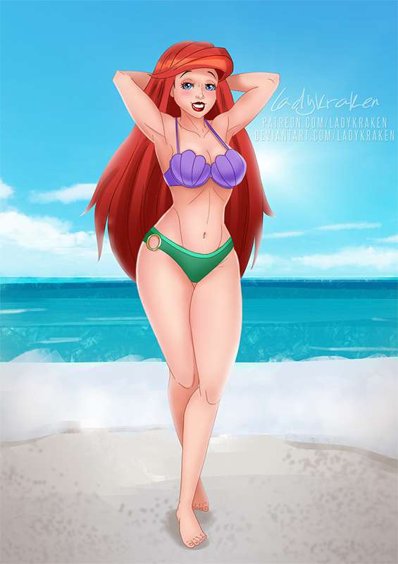 ariel beach belly_button bikini disney disney_princess green_panties human_form ladykraken seashell_bra swimsuit swimwear tagme the_little_mermaid the_little_mermaid_(1989_film)