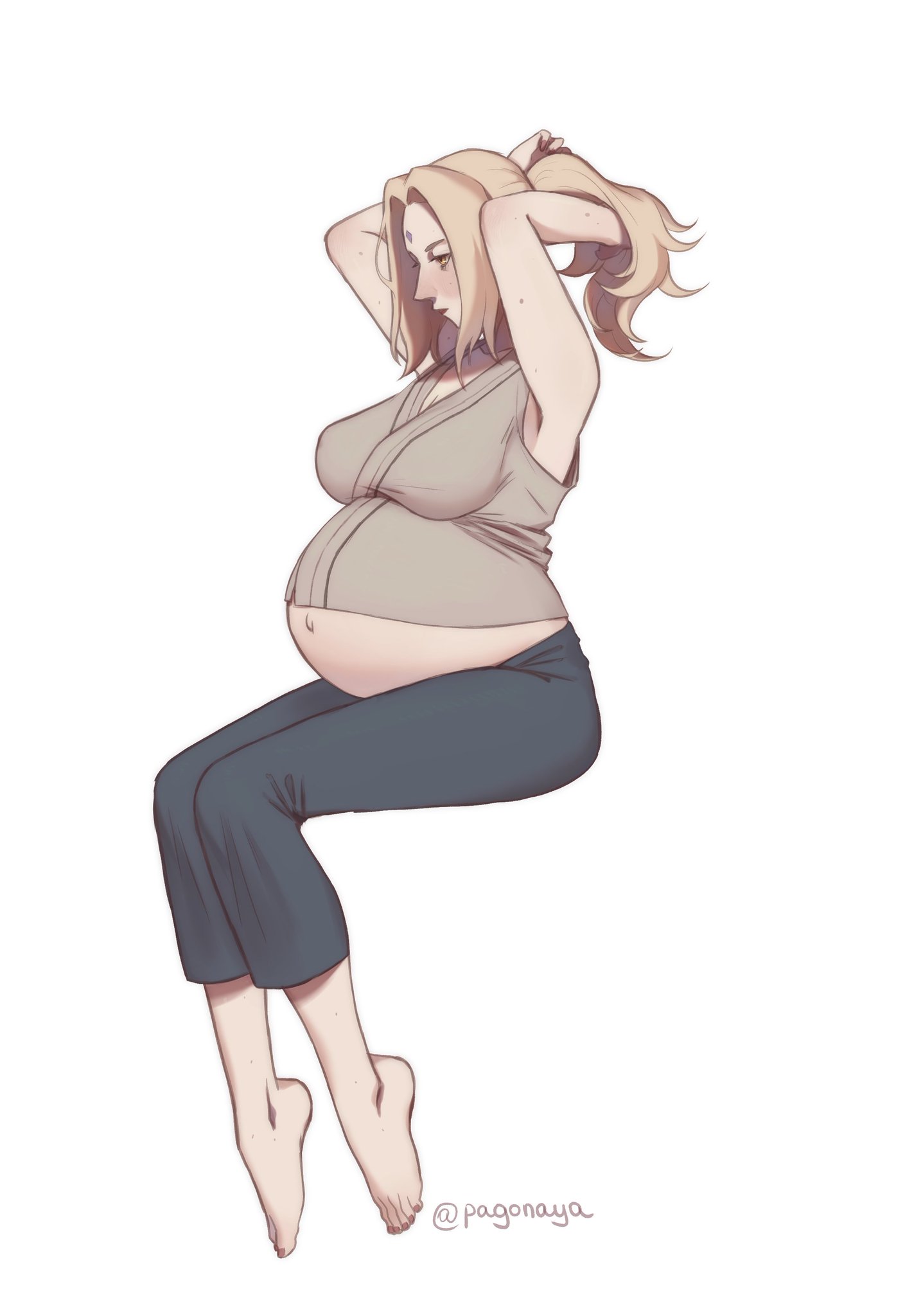 artist name, big breasts, blonde hair, breasts, female, milf, naruto, naruto (series), pagonaya, ponytail, pregnant, ready to pop, tsunade