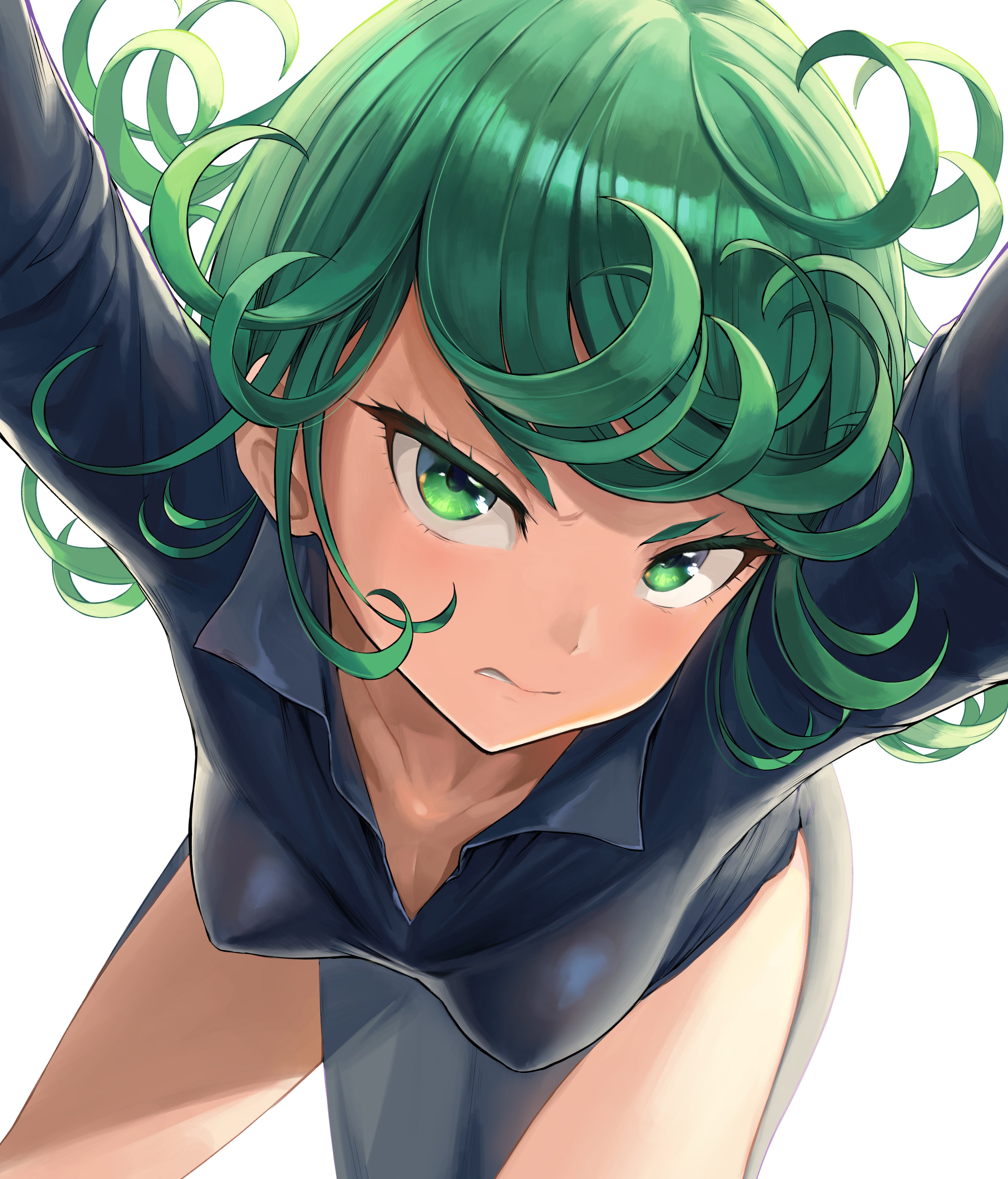 1girls, annoyed, breasts, dress, erect nipples, erect nipples under clothes, female, female only, green eyes, green hair, highres, leaning forward, light skin, light-skinned female, looking at viewer, medium breasts, nipples, nipples visible through clothing, no bra, one-punch man, pov, short hair, solo, tatsumaki, tight clothing, toranoco, white background