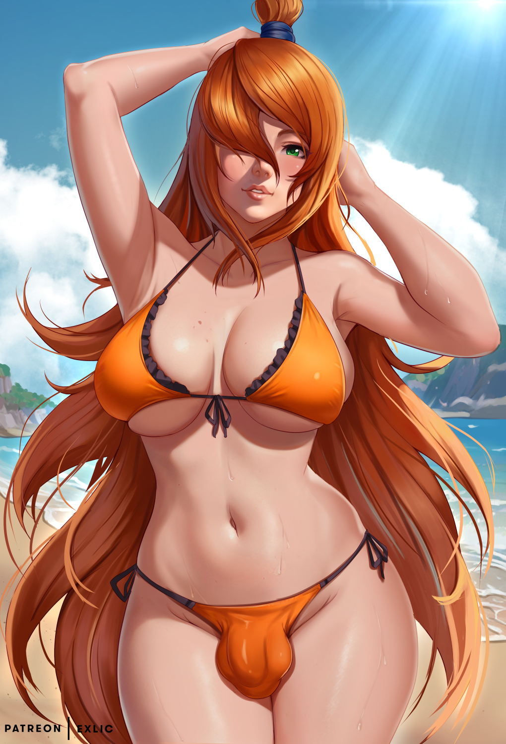 1futa, 2023, balls, beach, big breasts, bikini, breasts, bulge, clothed, clothing, detailed background, exlic, futa only, futanari, human, intersex, large breasts, light skin, light-skinned futa, long hair, mei terumi, mostly nude, naruto, naruto (series), naruto shippuden, orange hair, penis, red hair, solo, standing, thick thighs, wide hips