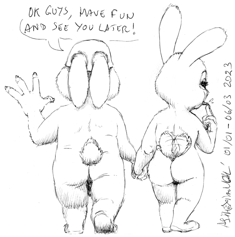 2023 anthro ass asthexiancal barely_visible_genitalia barely_visible_penis bonnie_hopps canon_couple disney duo english_text female genitals hand_holding lagomorph leporid male mammal nude penis rabbit rear_view scut_tail short_tail stu_hopps tail tail_motion tailwag text tongue tongue_out zootopia