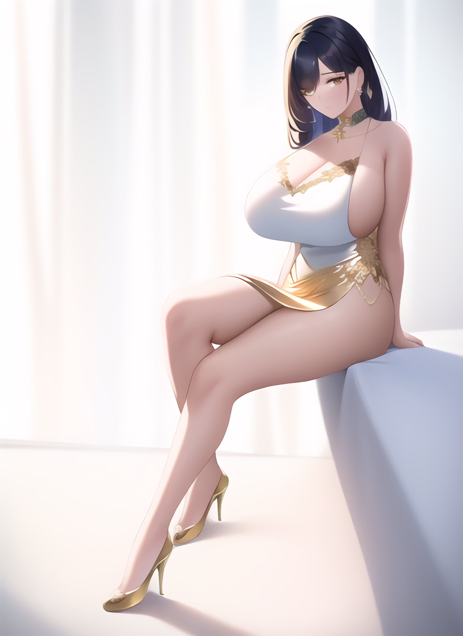 1girls, ai generated, big breasts, black hair, breasts, bulging breasts, curvaceous, curvy body, curvy female, curvy figure, female, female only, high heels, long hair, looking at viewer, nai diffusion, original, original character, solo, stable diffusion, voluptuous female