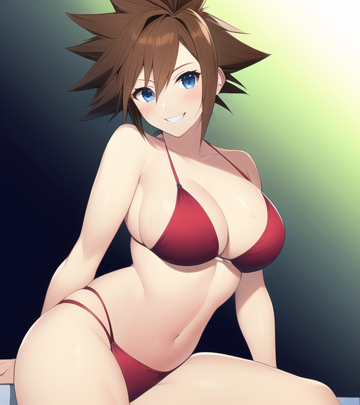 ai_generated bikini blue_eyes brown_hair female genderswap_(mtf) kingdom_hearts large_breasts nai_diffusion red_bikini rule_63 sora sora_(kingdom_hearts) stable_diffusion