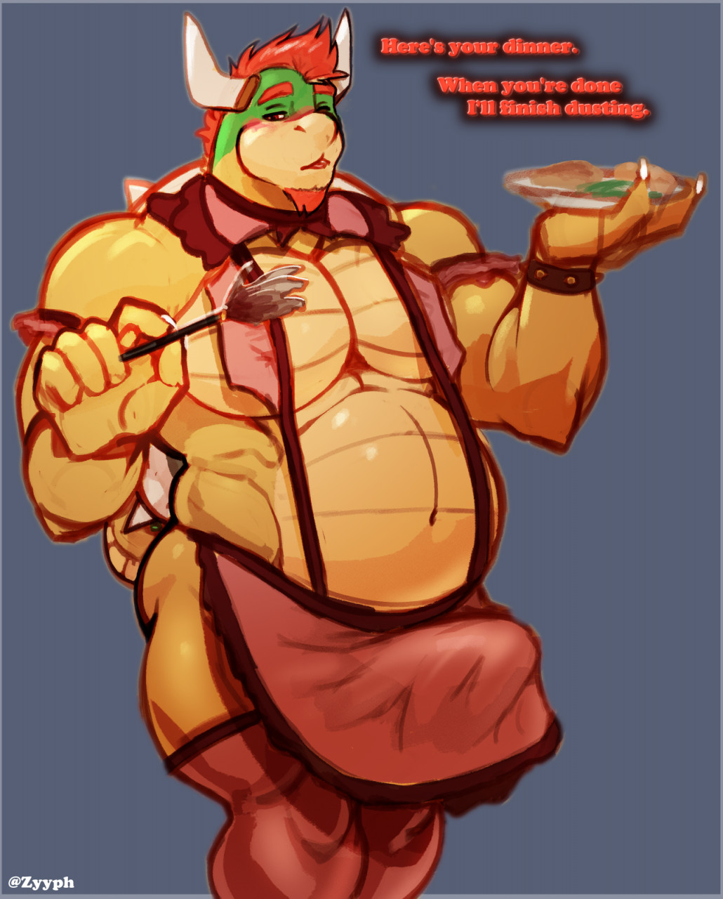 anthro apron blush bowser clothed clothing erection erection_under_clothing food genitals hi_res horn koopa male male_only mario_(series) muscular muscular_male nintendo overweight overweight_male penis scalie solo strongfat tenting video_games zyyphelze