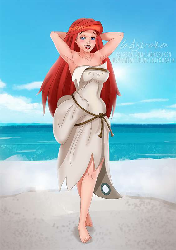 1girls ariel beach clothed disney disney_princess dress ladykraken low_res non-nude sail solo_female tagme the_little_mermaid