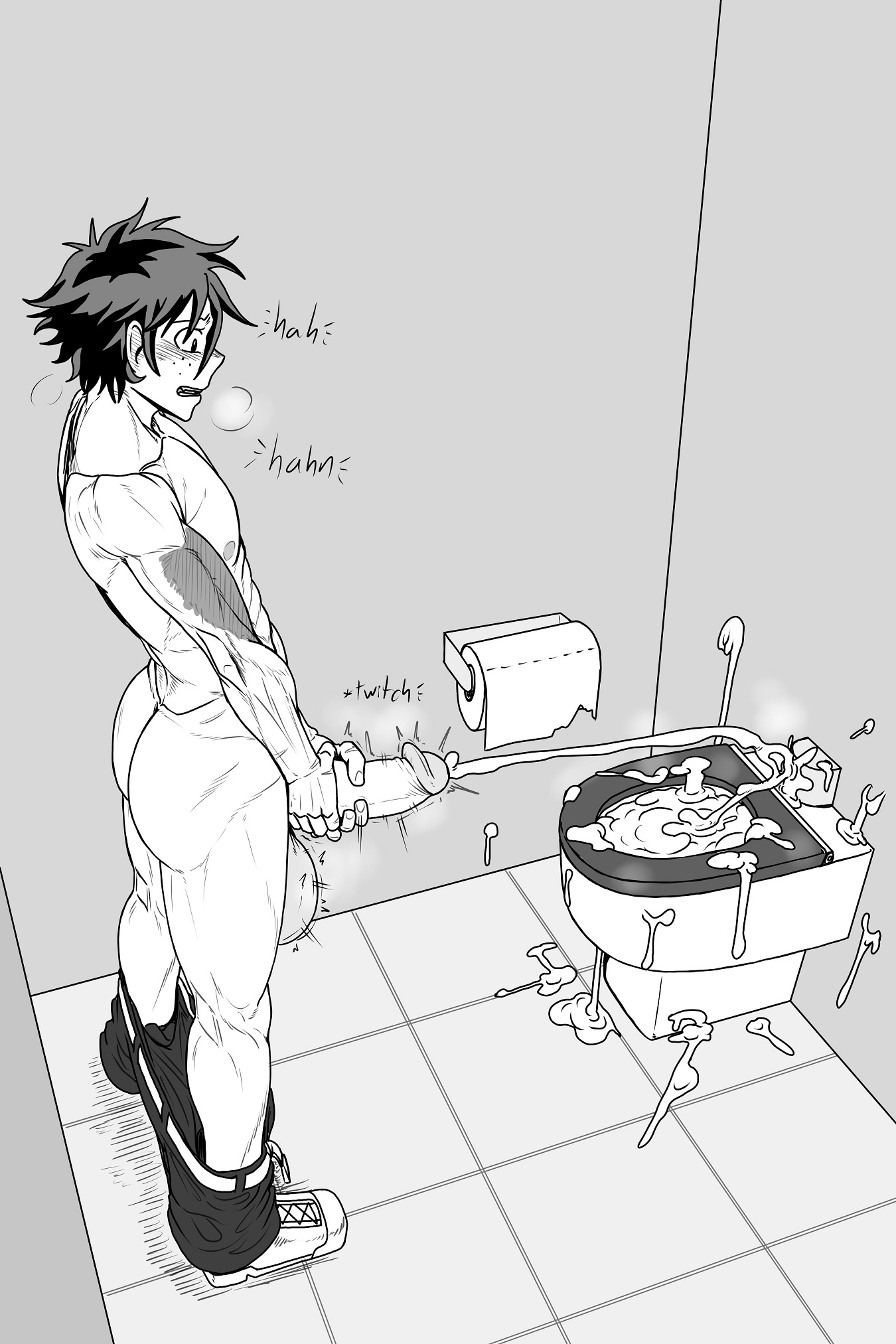 1boy, 2022, balls, bathroom, big balls, big penis, bottomless, clothed, clothing, continuous ejaculation, cum, cum drip, cumming, cumming on floor, ejaculation, erection, excessive cum, freckles, huge balls, human, izuku midoriya, kiahl, lobsterkiahl, male, male only, masturbation, my hero academia, orgasm, oversized balls, partially clothed, penis, scar, scars, self upload, solo, standing, standing position