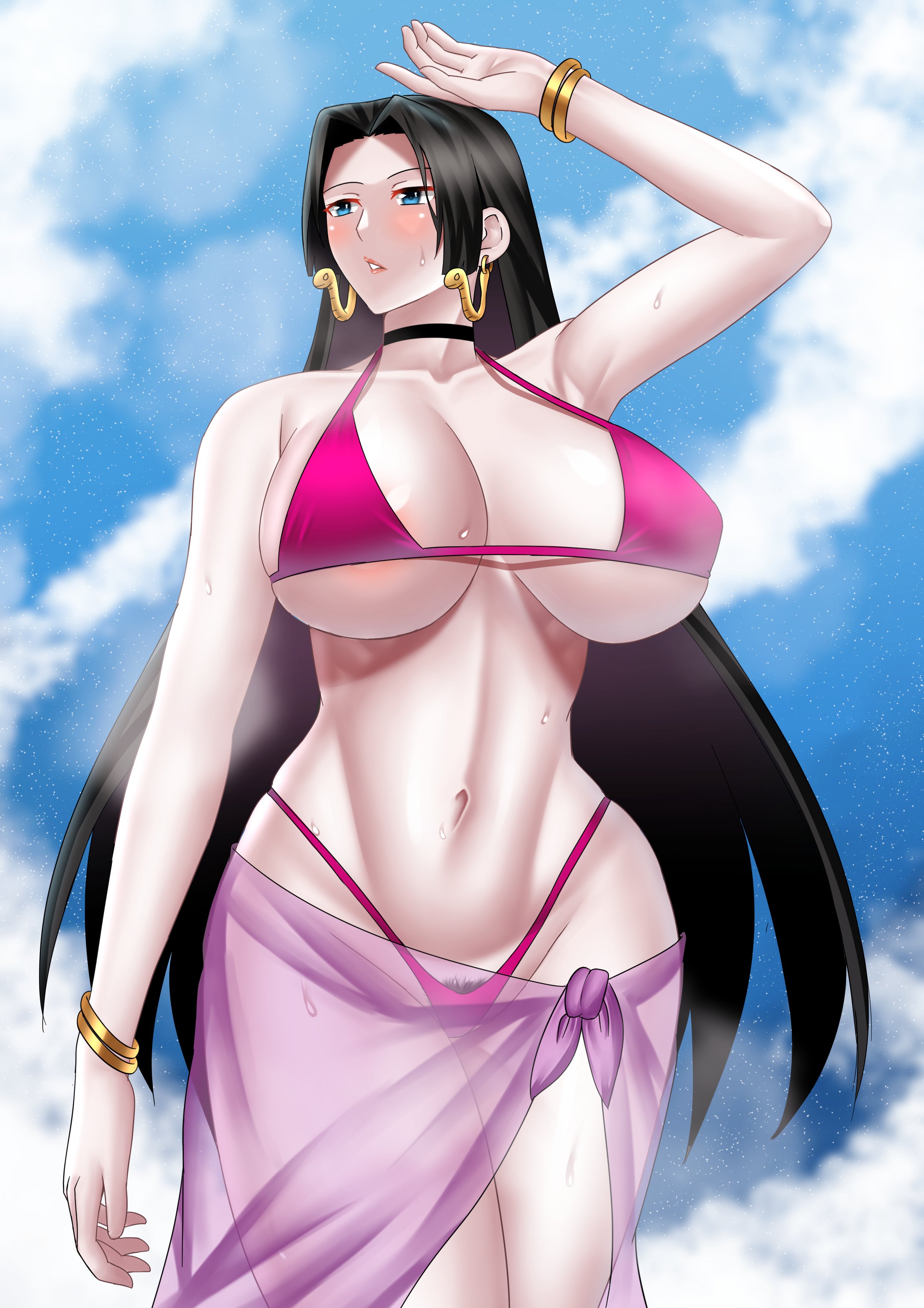 1girls, black hair, black-haired female, blue eyes, boa hancock, breasts, female, female only, hairy pussy, hourglass figure, huge breasts, long hair, one piece, pubic hair, pussy, sarong, solo female, voluptuous, zinfian
