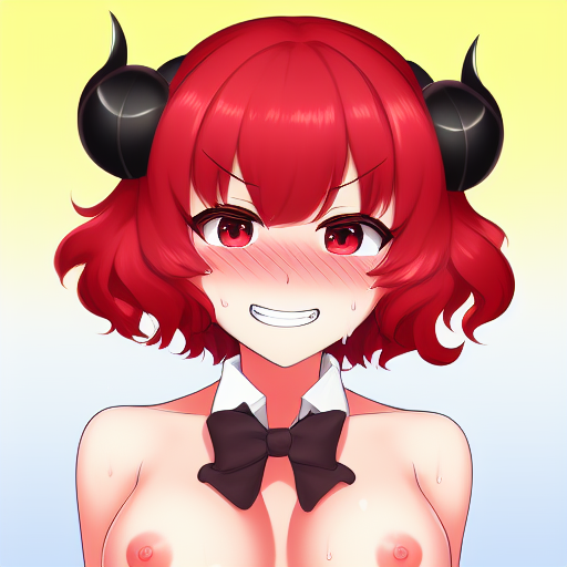 1girls ai_generated blush bonelab bowtie breasts breasts_out collar female female_focus female_only horns light_(bonelab) medium_breasts medium_hair nervous nervous_smile red_eyes red_hair sweat sweatdrop topless topless_female