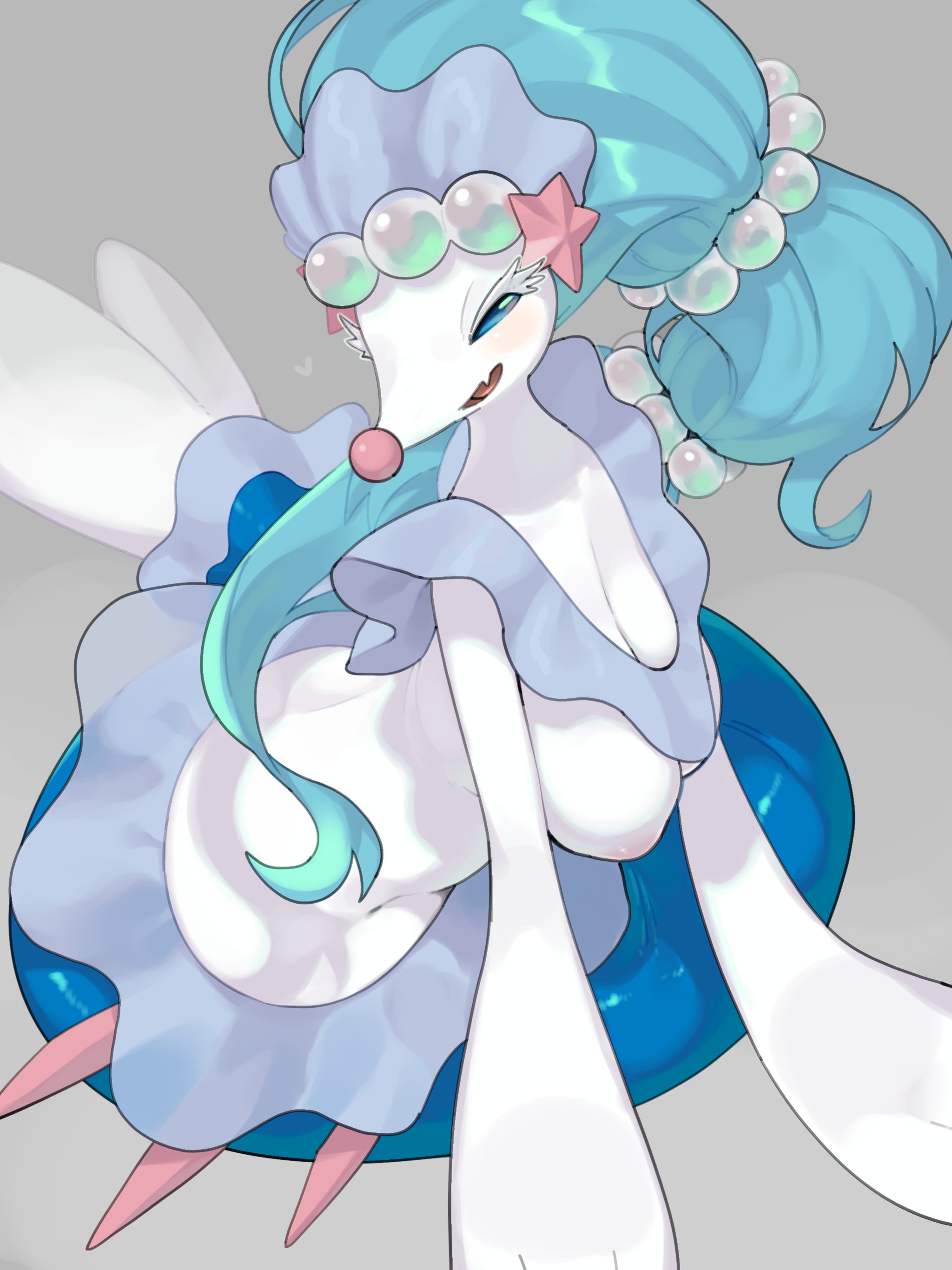 1girls, blue eyes, breasts, female, female only, grey background, hi res, kame 3, looking at viewer, narrowed eyes, nintendo, pokémon (species), pokemon, pokemon (species), primarina, smile, smiling at viewer, solo, tagme