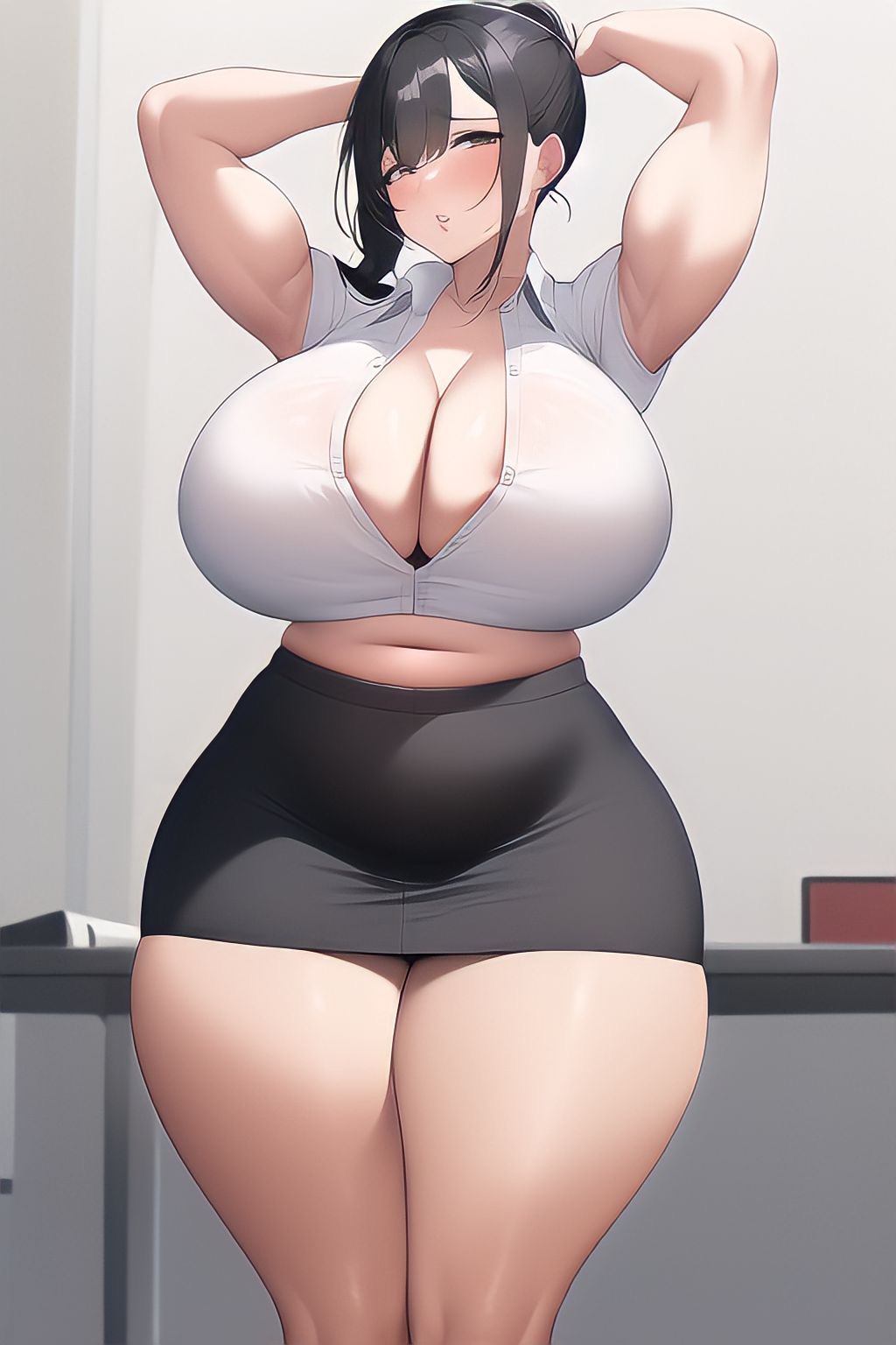 ai_generated ara_ara arms_up bangs barely_contained belly belly_bulge biceps big_biceps big_breasts black_hair black_skirt button_down_shirt cleavage crop_top curvy hairbun huge_breasts huge_thighs midriff milf motherly muscular muscular_female nai_diffusion office office_lady stable_diffusion tall taller_girl tetra_ai thick_thighs tight_clothing unbuttoned unbuttoned_shirt voluptuous white_shirt