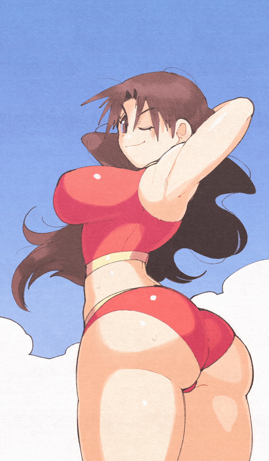 1girls, armpits, arms behind head, ass, azumanga daiou, big ass, big breasts, big butt, bikini, breasts, brown eyes, brown hair, bubble ass, bubble butt, busty, caked up, cheesecake, confident, female, female only, inkerton-kun, inkuusan, large breasts, legs, long hair, looking at viewer, looking back, one eye closed, pose, posing, sensual, sexy armpits, sideboob, smug, solo, thick thighs, thighs, voluptuous, yukari tanizaki