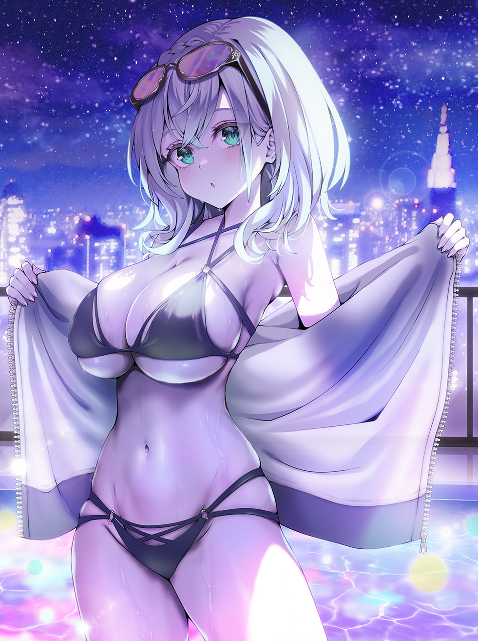 big_breasts bikini black_bikini busty city city_background city_lights cityscape cleavage eyewear_on_head female female_only hololive hololive_fantasy hololive_japan huge_breasts kubota_masaki midriff navel pool removing_clothing removing_jacket revealing_swimsuit shirogane_noel sideboob solo solo_female sunglasses_on_head swimsuit underboob undressing virtual_youtuber