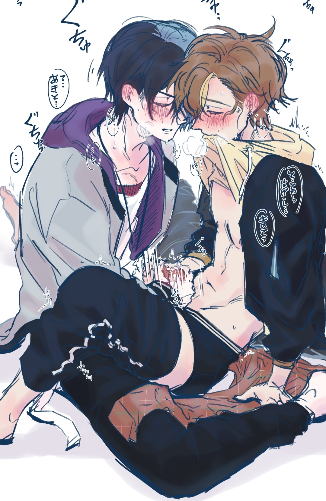 2boys, aoyagi touya, barely visible genitalia, biting clothes, blue hair, blush, blush lines, blushing, breath cloud, clothed, clothed sex, frottage, frotting, gay, handjob, japanese text, jerkingoff, jerkingoff another, male, male only, masturbating other, masturbation, motion lines, multicolored hair, project sekai, red hair, shinonome akito, shirt lift, shirt up, simple background, steam, steamy breath, sweat, twitch lines, two-tone hair, white background, yaoi