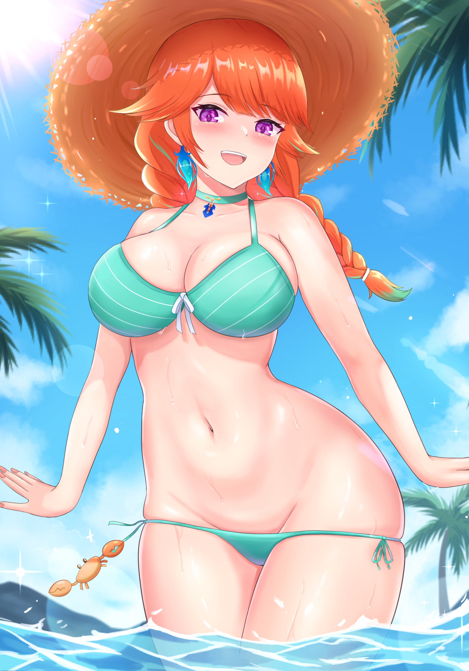 1girls, bewch, bikini, bikini bottom pull, braid, braided twintails, breasts, cleavage, crab, female, green hair, green highlights, hat, hi res, hips, hololive, hololive english, hololive myth, large breasts, large hat, long hair, orange hair, outdoors, purple eyes, sleeptopi, slim waist, smile, straw hat, streaked hair, sun hat, takanashi kiara, takanashi kiara (2nd costume), thick thighs, thighs, twintails, two-tone hair, virtual youtuber, wide hips