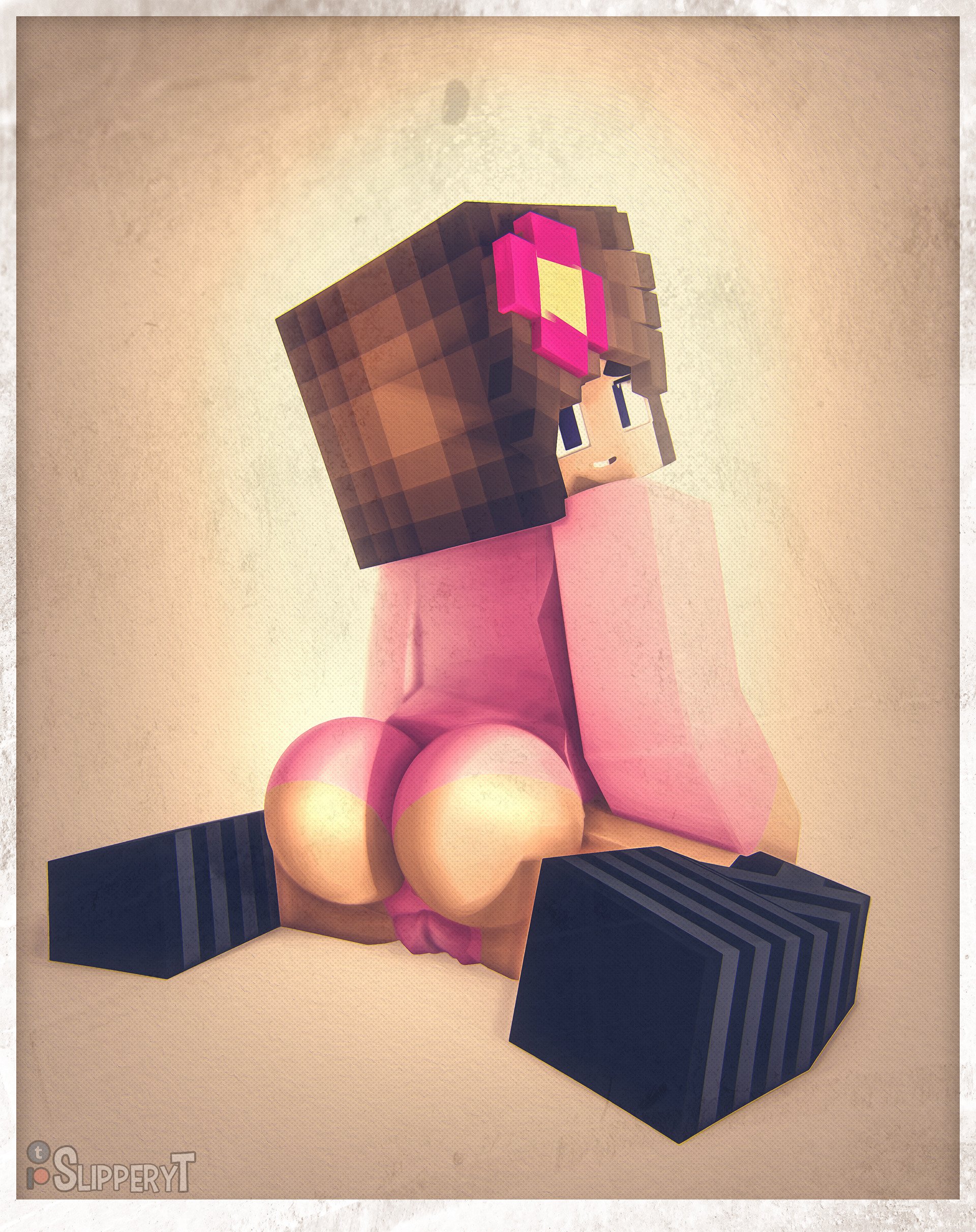 1girls, 3d, blue eyes, brown hair, female, flower in hair, horny female, human female, humanoid, jenny belle (slipperyt), looking at viewer, looking back, mine-imator, minecraft, nude, nude female, outside, pussy, slipperyt, solo, stockings, tagme, wet pussy