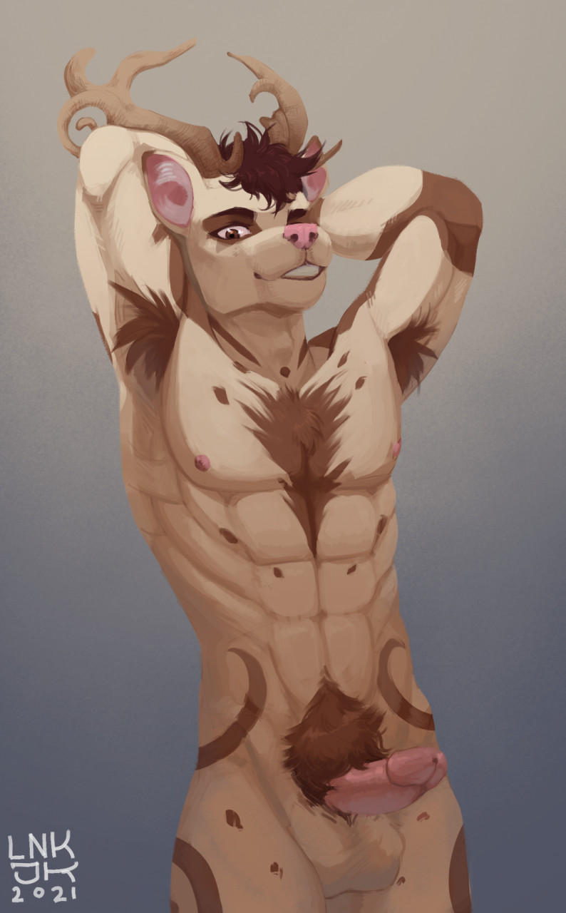 anthro antlers armpit_hair balls body_hair cervid erection fur genitals hands_behind_head hi_res horn humanoid_genitalia humanoid_penis lnkjk.png looking_at_viewer male mammal penis pubes standing tan_body tan_fur