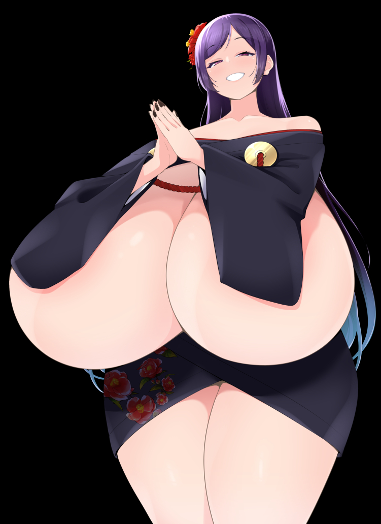black background, black nails, breasts, breasts out, convenient censoring, female, flower, gigantic breasts, hair flower, hair ornament, japanese clothes, kimono, long hair, looking at viewer, original, own hands together, purple hair, smile, solo, standing, toudori