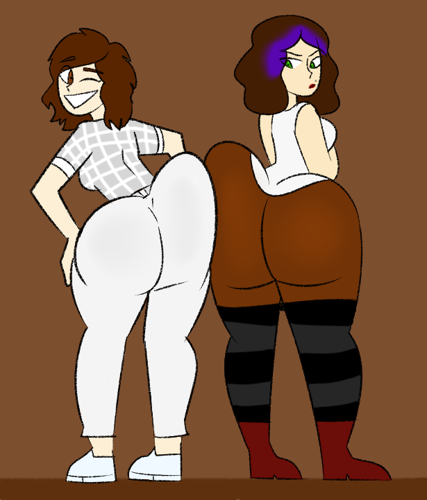 2020 2girls a.j._mason arms_crossed ass ass_to_ass big_ass bottom_heavy bubble_butt clothing commission dat_ass edit fat_ass female female_only friday_the_13th hands_on_hips huge_ass jenny_myers large_ass mythabyss pants shirt shorts thick_ass thick_thighs thighhighs wide_hips