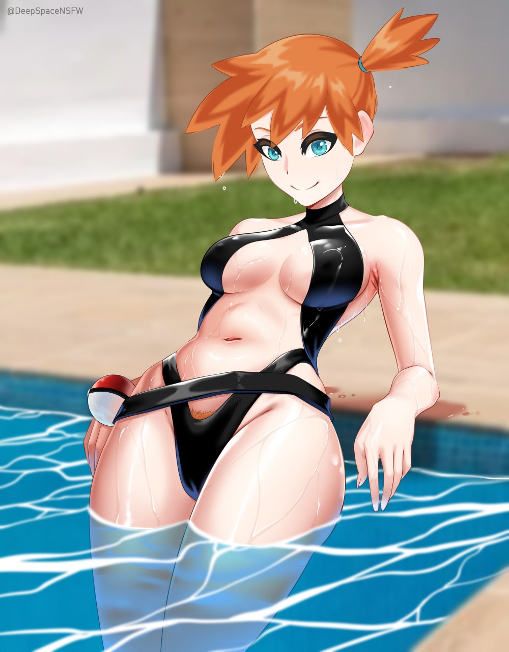 1girls, blue eyes, deepspace, dripping wet, female, female only, kasumi (pokemon), misty (the electric tale of pikachu), pokeball, pokegirl, pokemon, poolside, red hair, sling bikini, solo, swimsuit, wet