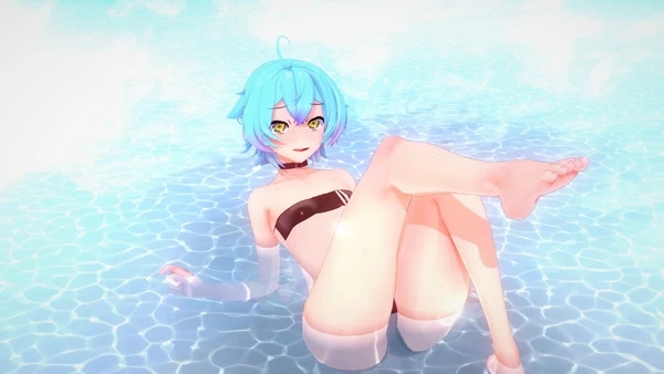 blue_hair feet femboy gay in_water indie_virtual_youtuber legs linechu swimsuit virtual_youtuber water