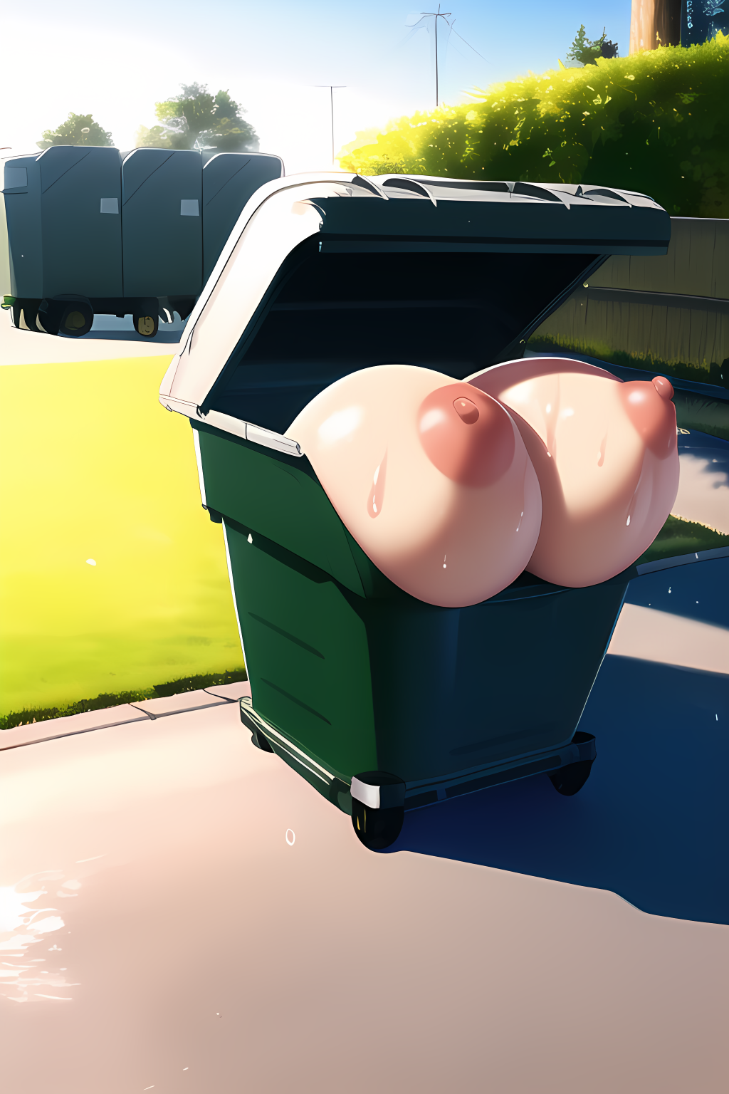 ai_generated breasts green_trash_container huge_breasts humor left_in_dumpster nai_diffusion nipples outdoors stable_diffusion sweat tagme thrown_away trash_can