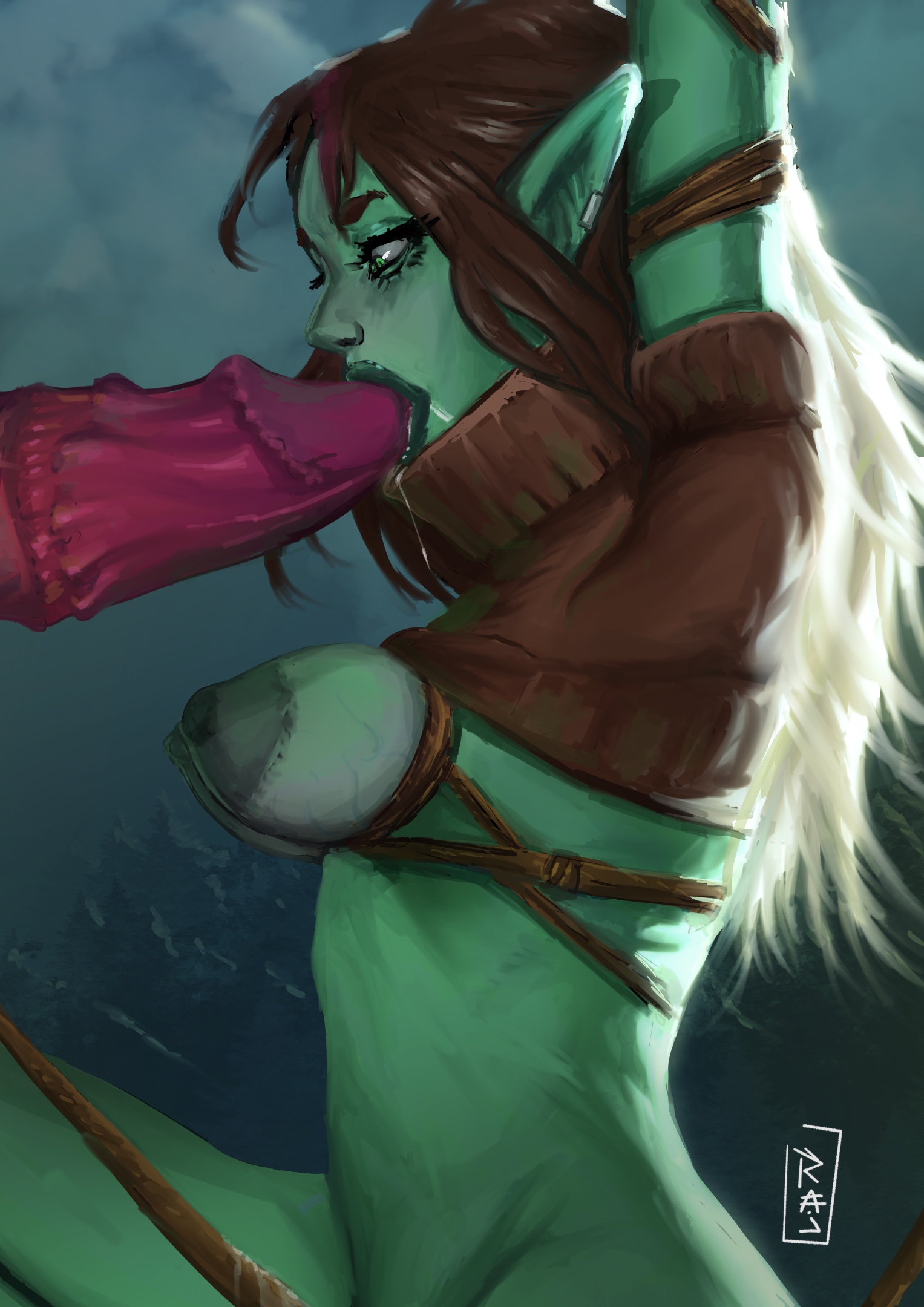 blowjob, bondage, breast bondage, breasts, duo, erection, fellatio, female, femsub, goblin, goblin female, green eyes, green skin, male, maledom, monster cock, penis, pointy ears, rajdraw, rope, straight, tagme