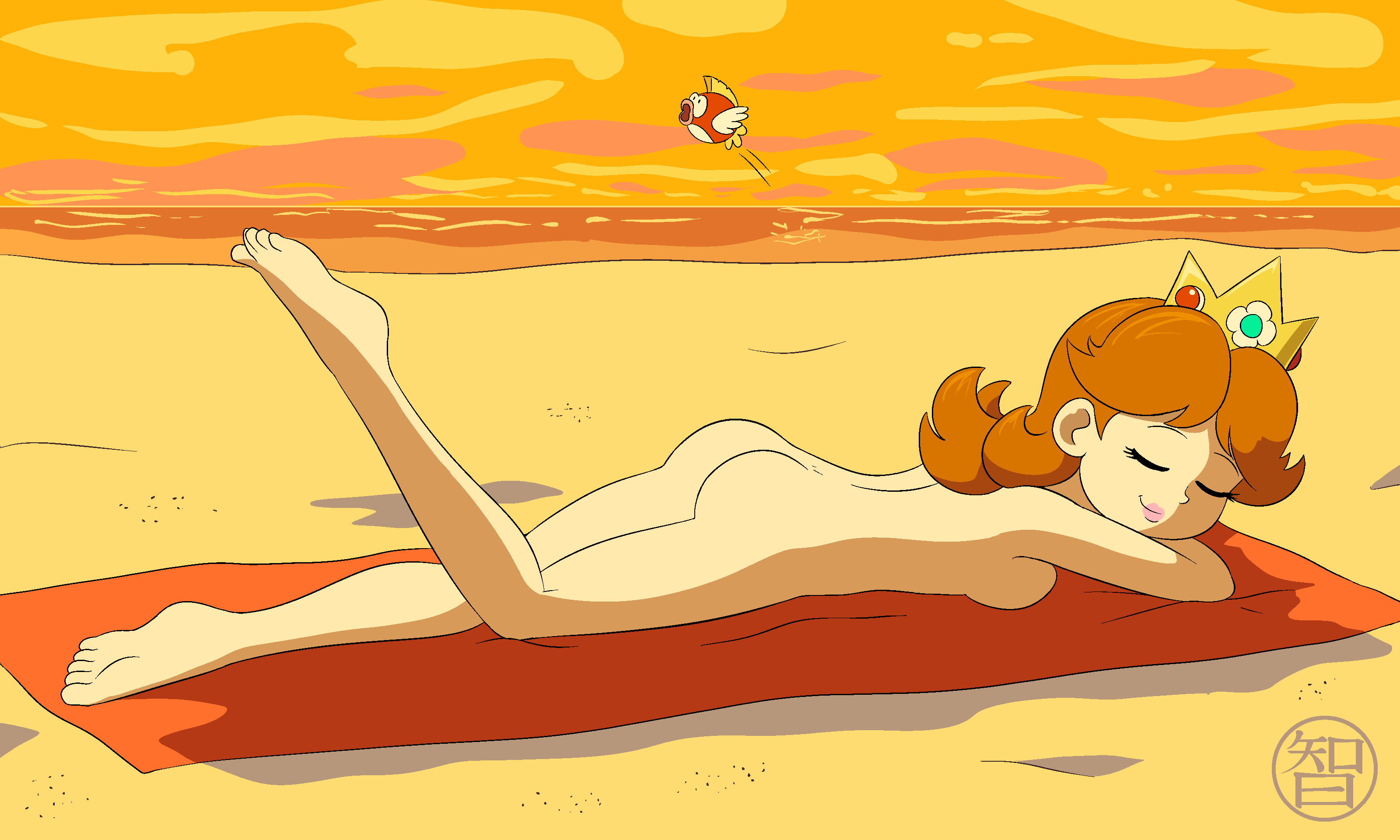 1girls ass beach breasts casual cheep_cheep female female_focus human kairu-hakubi mario_(series) nintendo nude nudist outdoors pale_skin princess_daisy retropunch sunbathing sunset