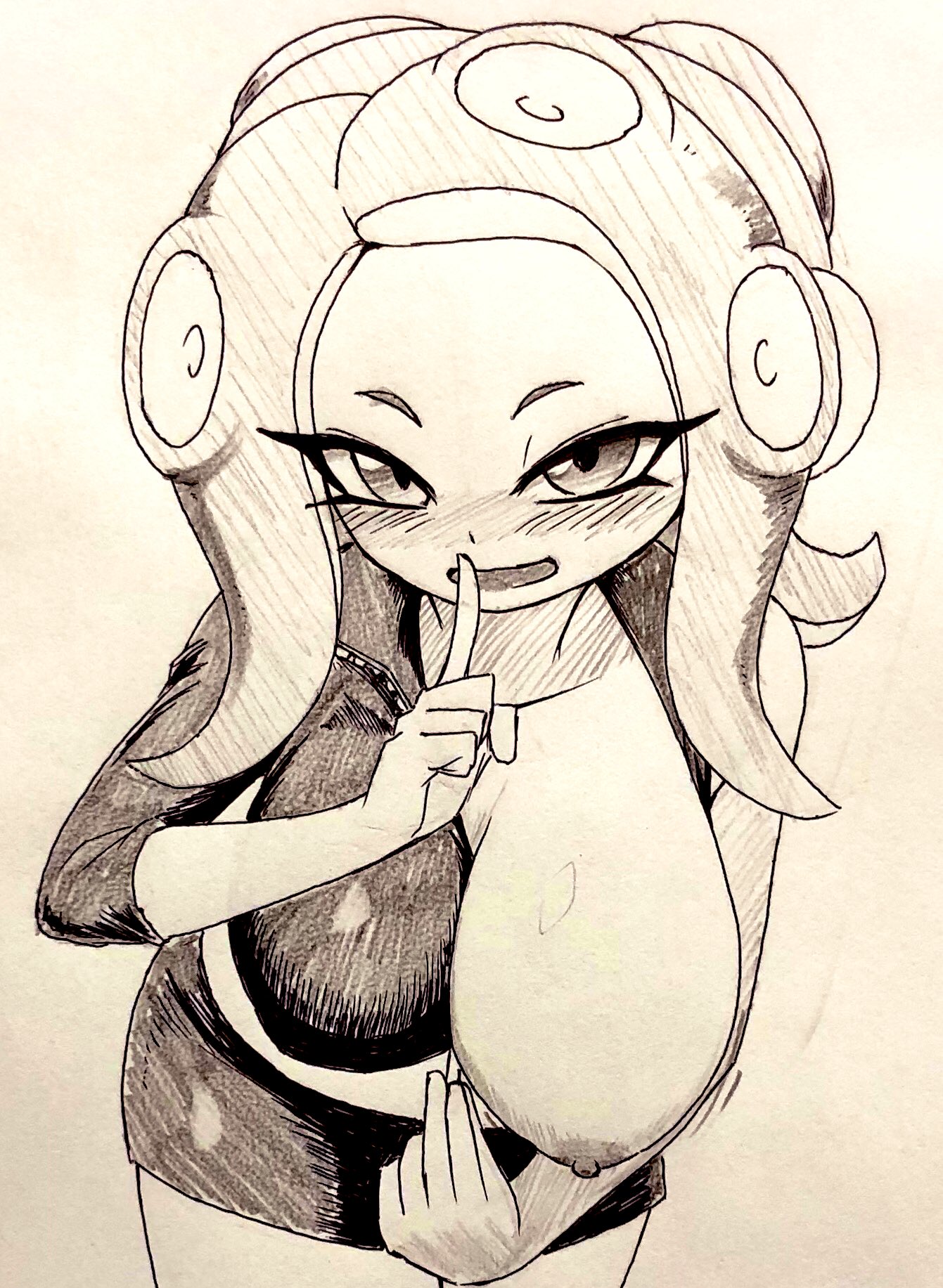 agent 8 (splatoon), big breasts, blush, breasts, female, nintendo, nipples, no bra, nobunagapero, peronattu, revealing breasts, skirt, splatoon, splatoon 2, thick thighs, thighs