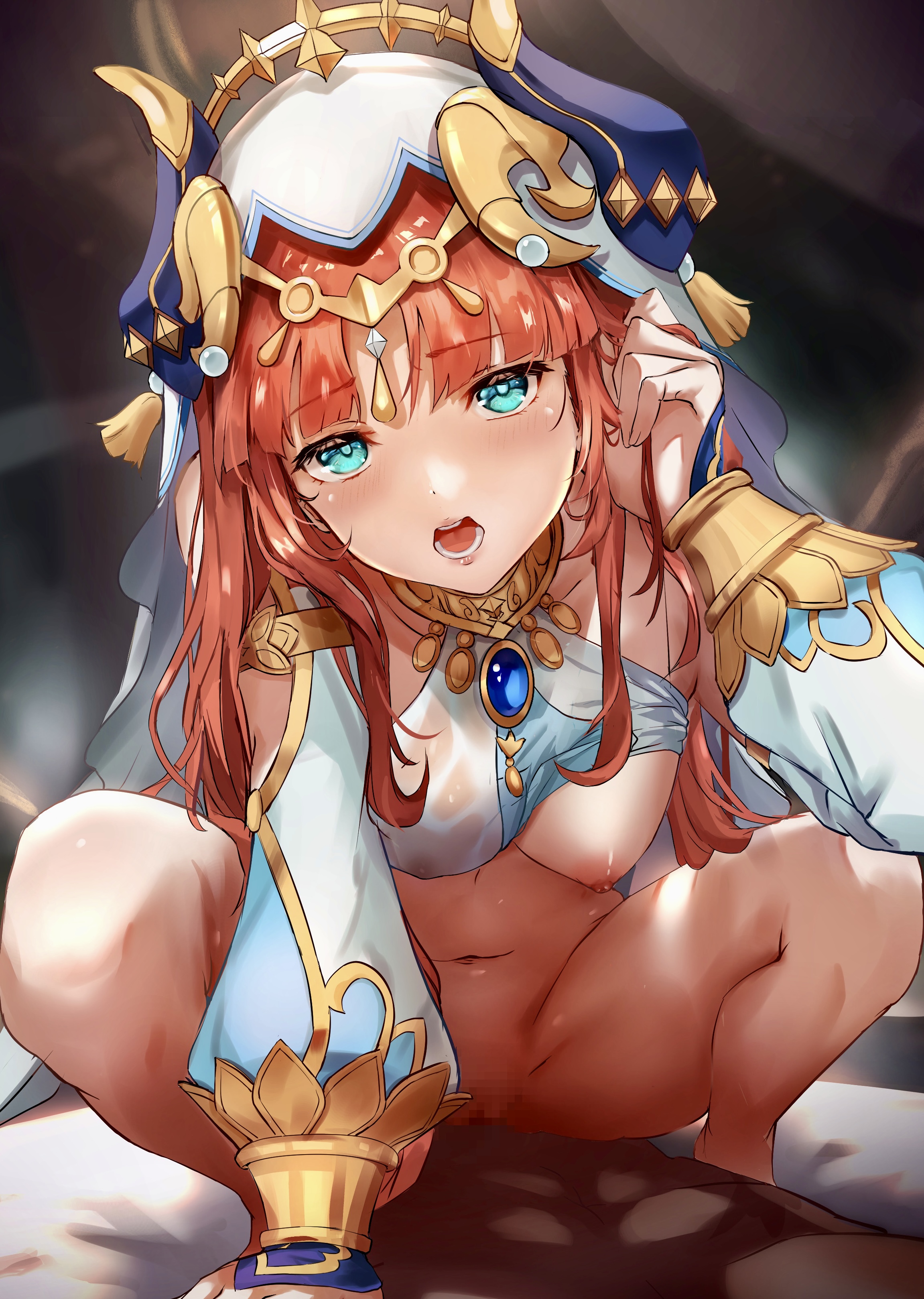 1boy, 1girls, absurd res, aqua eyes, bangs, blush, breasts, brooch, censored, cowgirl position, dark skin, dark-skinned male, female, genshin impact, high res, holding hair, horns, interracial, jewelry, leaning forward, light skin, light-skinned female, long hair, long sleeves, looking at viewer, male, medium breasts, navel, nilou (genshin impact), nipples, one breast out, open mouth, pussy, red hair, sex, teeth, tongue, vaginal penetration, veil