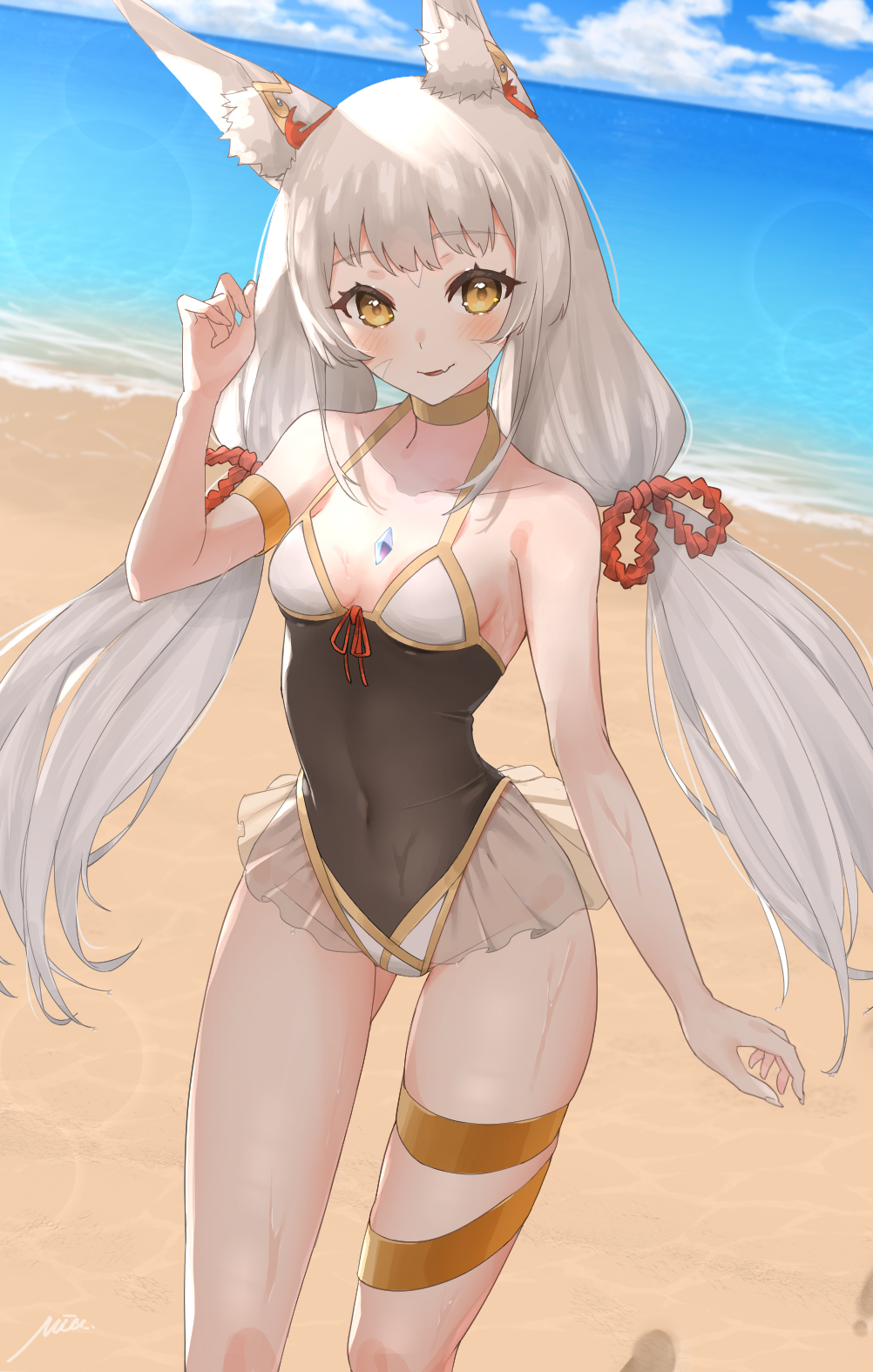 beach cat_ears catgirl grey_hair long_hair mia_cbx nia nia_(xenoblade) nintendo one_piece_swimsuit small_breasts smile twintails very_long_hair xenoblade_(series) xenoblade_chronicles_2 yellow_eyes