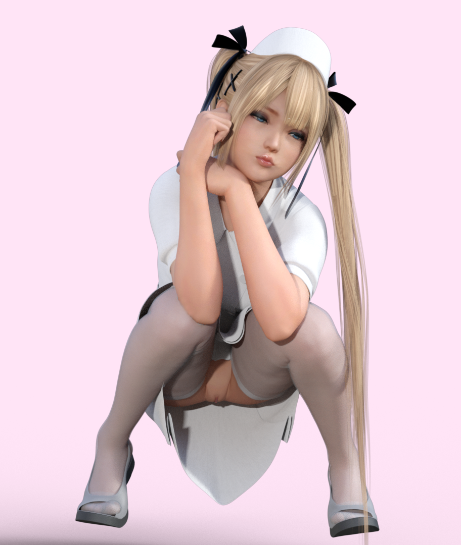 1girls 3d 3d_(artwork) annoyed blonde_female blonde_hair blue_eyes bottomless clothed clothing crouching daz_studio dead_or_alive dead_or_alive_5 eyeshadow female female_only hair_ribbon legwear long_hair makeup marie_rose nurse nurse_cap nurse_uniform pussy socks solo squatting stockings sugamunda thigh_socks thighhighs twintails upskirt white_socks