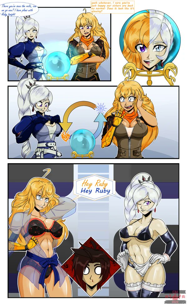barely clothed, bikini top, blonde hair, blue eyes, body swap, cm-the-artist (artist), female, female only, long hair, ponytail, purple eyes, ruby rose, rwby, shocked expression, weiss schnee, white hair, yang xiao long