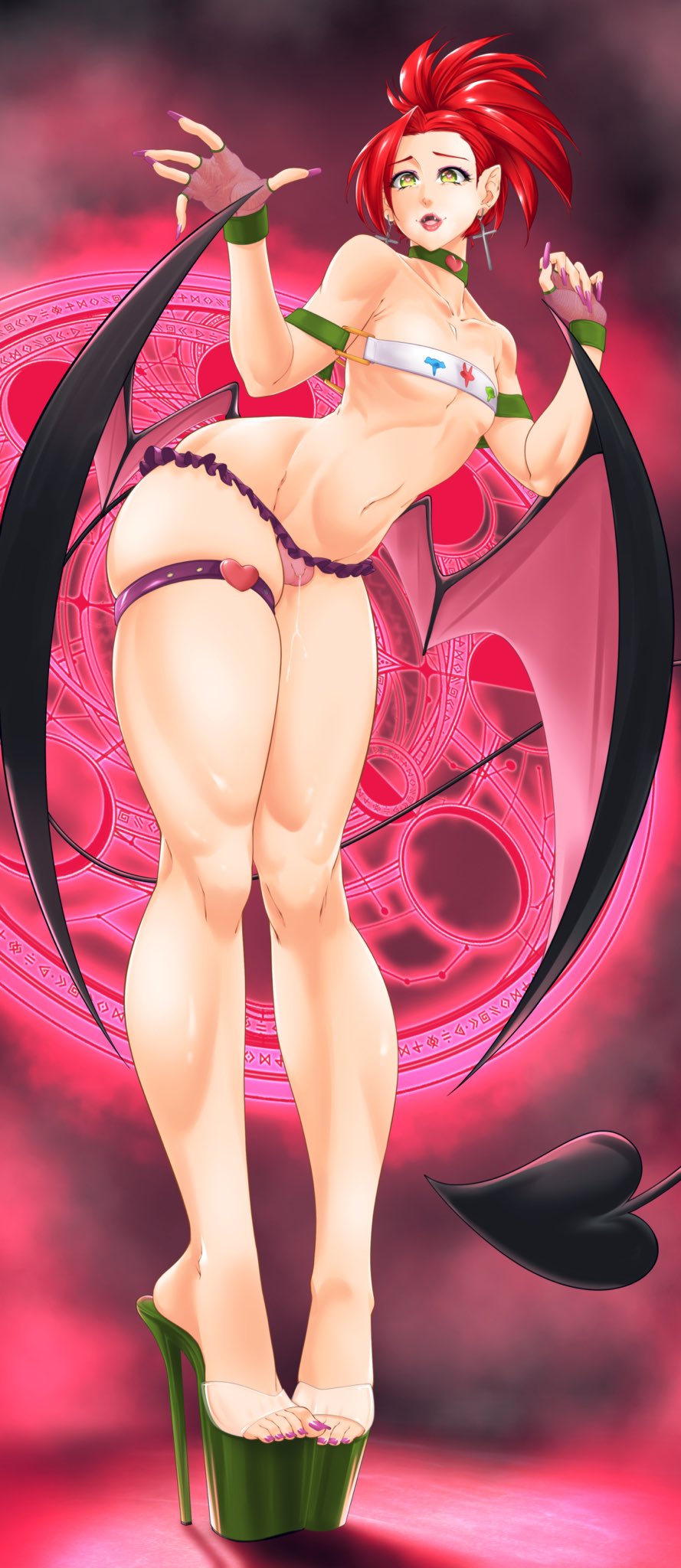2022, alternate version available, androgynous, choker, demon tail, demon wings, earrings, female, femboy, feminine male, fingerless gloves, foster's home for imaginary friends, frankie foster, full body, genderswap, genderswap (ftm), girly, gloves, heart-shaped pupils, high heels, horny, in heat, looking at viewer, male, male frankie, open mouth, penis, platform heels, precum, precum drip, red hair, rule 63, small penis, standing, suiren ciao, thick thighs, thigh strap, thighs, toenail polish, toenails, tomgirl, trap