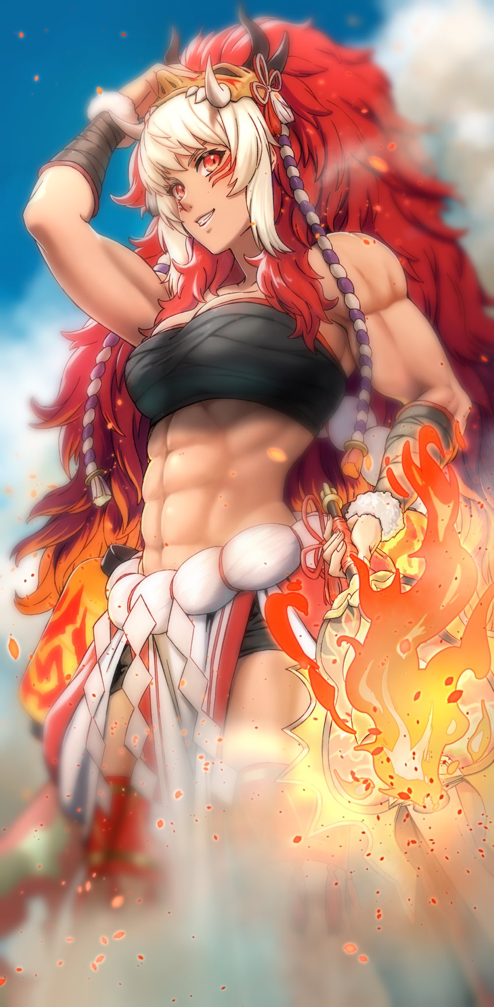 1girls abs aduti_momoyama alternate_costume arm_up bandeau bangs black_shorts breasts chest_sarashi commentary_request facial_mark female female_abs female_only fire_emblem fire_emblem_fates fire_emblem_heroes grin highres long_hair looking_at_viewer medium_breasts midriff multicolored_hair muscular muscular_female navel nintendo official_alternate_costume pelvic_curtain red_eyes red_hair rinkah_(fire_emblem) rinkah_(flame)_(fire_emblem) sarashi short_shorts smile solo standing stomach strapless tube_top two-tone_hair very_long_hair whisker_markings white_hair wig wrist_wrap