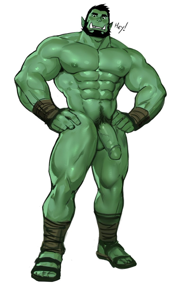 abs dopq fangs genitals green_body green_skin hi_res humanoid humanoid_pointy_ears looking_at_viewer male male_only muscular muscular_humanoid muscular_male nipples orc orc_male pecs penis solo