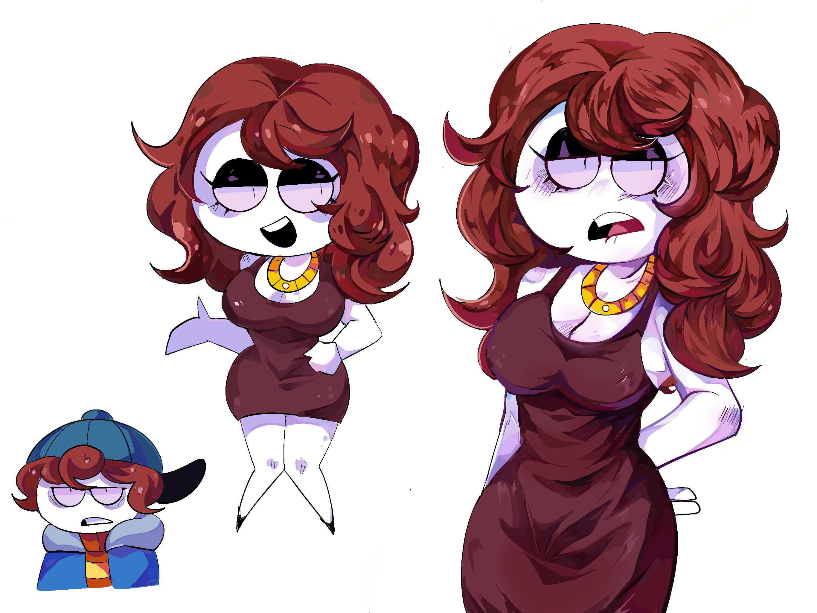 1boy, 1girls, big breasts, breasts, brown hair, carmen (spooky month), dress, female, long hair, male, milf, mother, necklace, nipple bulge, roy (spooky month), spooky month, thick thighs