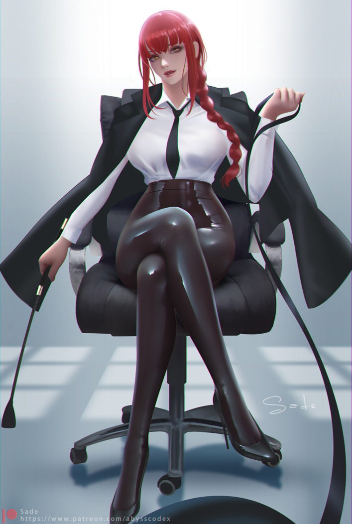 1girls, 2d, chainsaw man, clothed, clothing, dominant female, dominatrix, female, female only, femdom, latex, latex clothing, latex legwear, leash, leashed pov, looking at viewer, makima (chainsaw man), red hair, riding crop, sade abyss, solo, solo female, suit, tagme, tie, whip