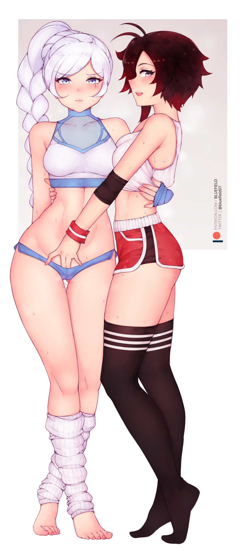 2girls ass black_hair blue_eyes bluefield bra braided_ponytail breasts fingering fingering_through_clothes large_breasts midriff multiple_girls navel ruby_rose rwby scar scar_across_eye short_hair shorts sports_bra sportswear standing thighhighs weiss_schnee white_hair wristband yuri