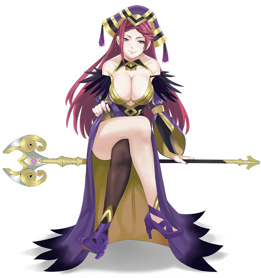 1girls, asymmetrical legwear, bangs, bare shoulders, braid, breasts, cleavage, clothes lift, crossed legs, deep cleavage, dress, dress lift, earrings, feather trim, female, female only, fingernails, fire emblem, fire emblem heroes, gloves, hair ornament, hat, high heels, holding, holding staff, j@ck, jewelry, large breasts, legs, lips, loki (fire emblem), long fingernails, long hair, looking at viewer, nail polish, nintendo, purple eyes, purple hair, purple headwear, purple nails, solo, staff, tassel, thighhighs, thighs