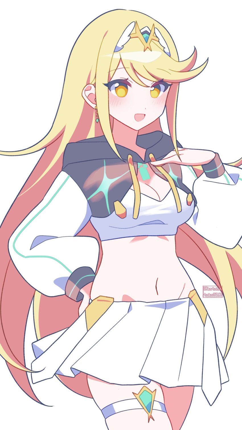 1girls alternate_costume blonde_hair breasts casual casual_clothes core_crystal crop_top earrings kotohatoko510 large_breasts long_hair looking_at_viewer midriff mythra navel nintendo skirt thigh_strap tiara white_crop_top white_skirt xenoblade_(series) xenoblade_chronicles_2 yellow_eyes