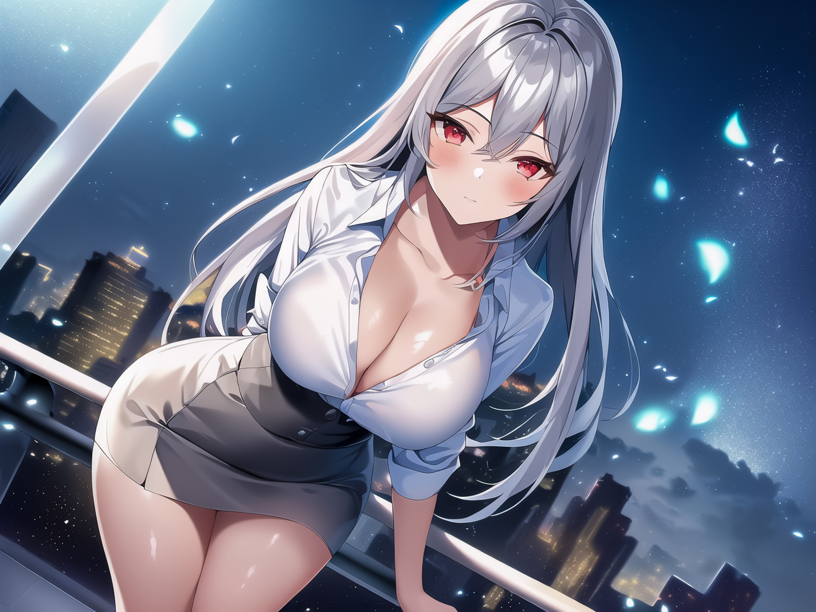 1girls, ai generated, big boobs, breasts, city, cleavage, clothing, detailed background, female, female only, leaning forward, light skin, light-skinned female, looking at viewer, nai diffusion, original, pale skin, pale-skinned female, red eyes, shiny, shiny skin, silver hair, solo, stable diffusion, standing, tagme, thighs