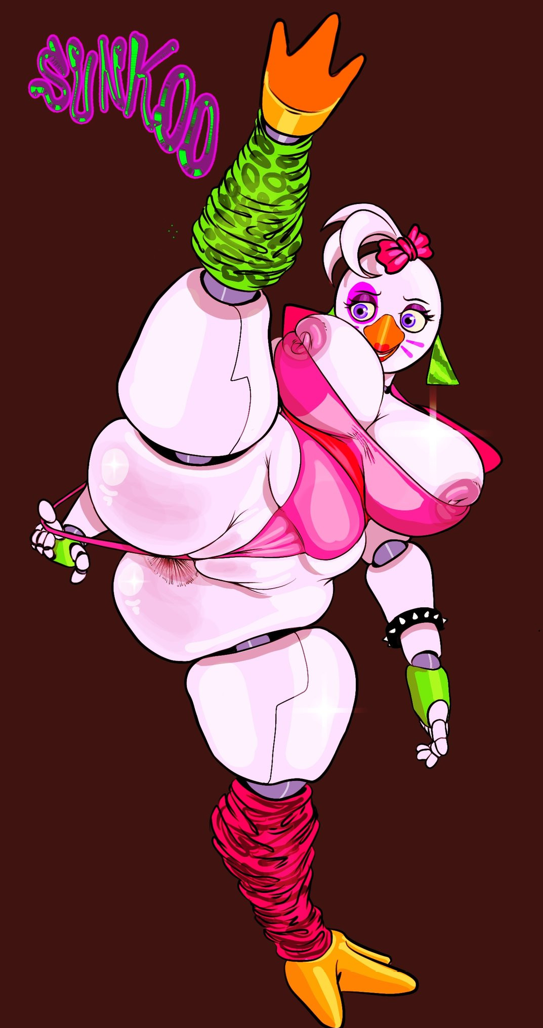 1girls, big breasts, breasts, chica (fnaf), enormous breasts, female, five nights at freddy's, furry, glamrock chica (fnaf), huge breasts, robot, solo, sunk00 (artist), tagme, thick thighs