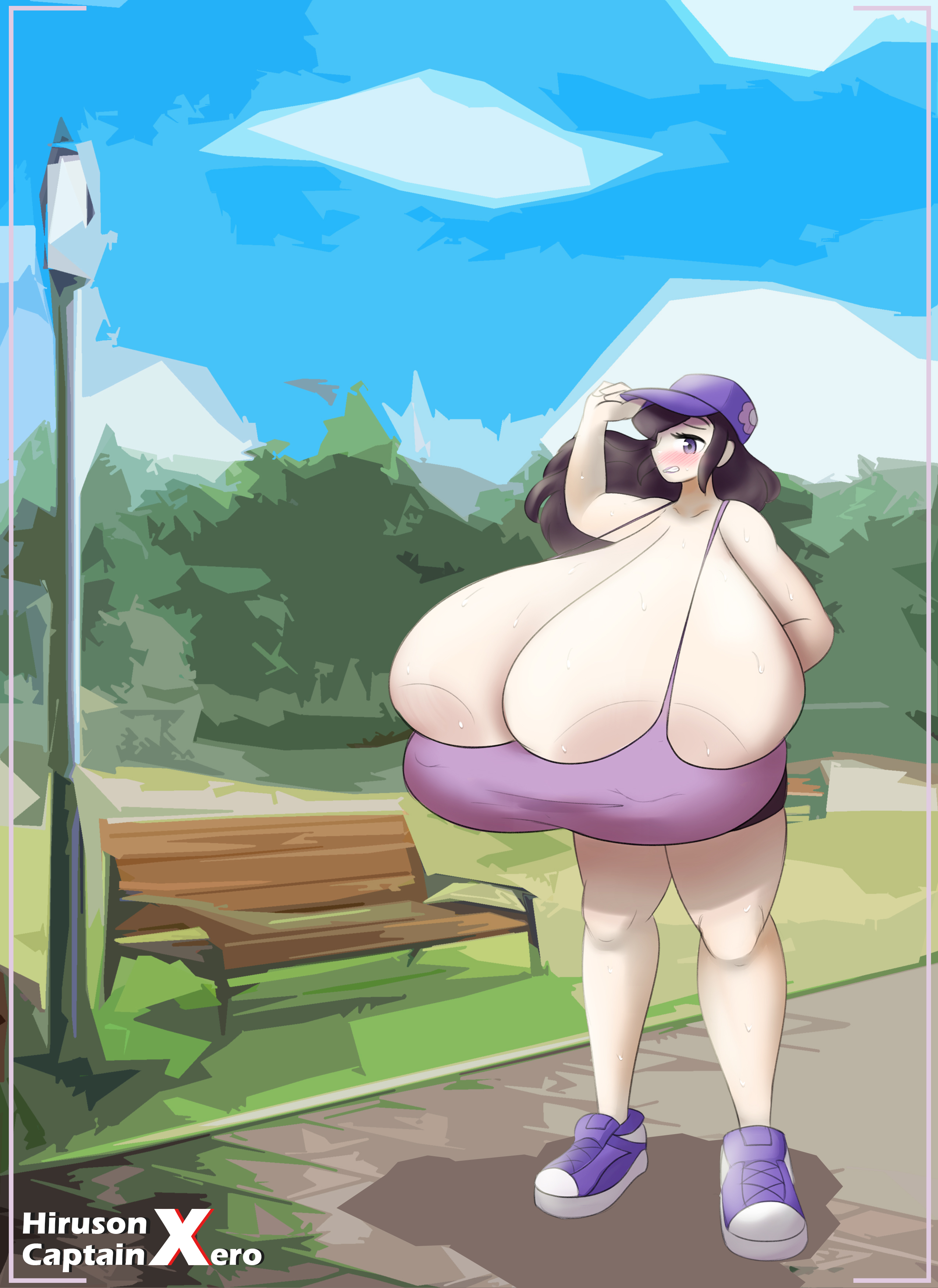 1girls, alternate version available, areola slip, bench, breast expansion, breast growth, breast growth (enlargement), breasts, breasts bigger than head, breasts bigger than torso, bursting breasts, captainxero, embarrassed, enormous breasts, female, growth, hiruson, huge areolae, huge breasts, hyper, hyper breasts, kiyoko (hiruson), long hair, looking at viewer, massive breasts, park, sports bra, standing, tagme