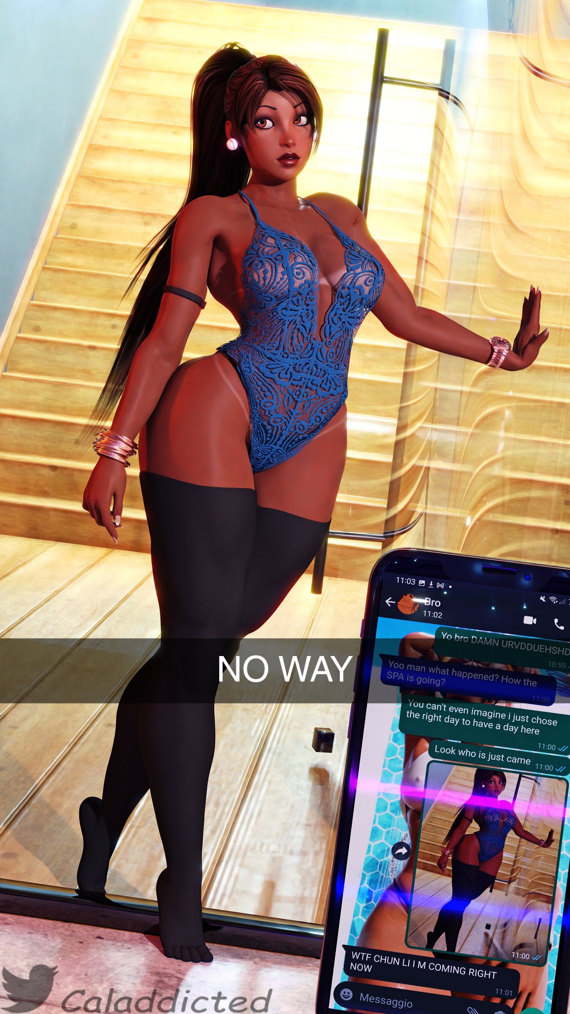 3d caladdicted capcom chun-li chun-li_(fortnite) fortnite legwear long_hair long_ponytail offscreen_character one-piece_swimsuit phone see-through_clothing see-through_swimsuit street_fighter tanlines tanned tanned_skin text texting visible_areolae